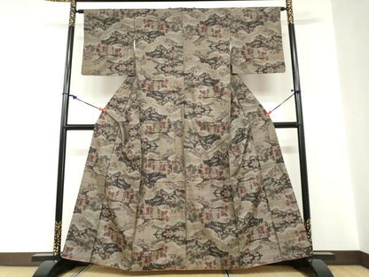 平和屋着物●本場大島紬　9マルキ　人物風景草花文　正絹　逸品　DABC2282ud