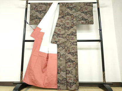 平和屋着物●本場大島紬　9マルキ　人物風景草花文　正絹　逸品　DABC2282ud