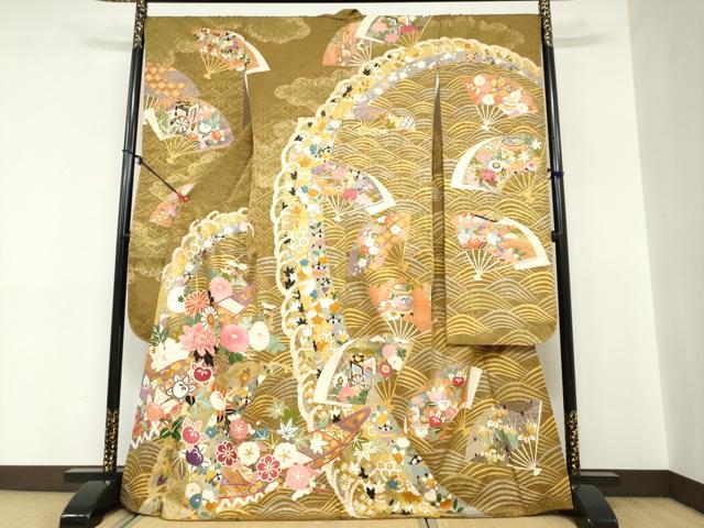 平和屋着物●豪華振袖　駒刺繍　立波扇面草花文　金彩　正絹　逸品　DABC2284ud