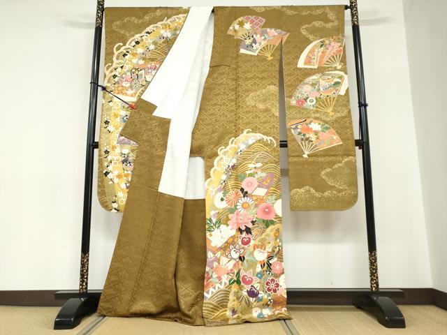 平和屋着物●豪華振袖　駒刺繍　立波扇面草花文　金彩　正絹　逸品　DABC2284ud