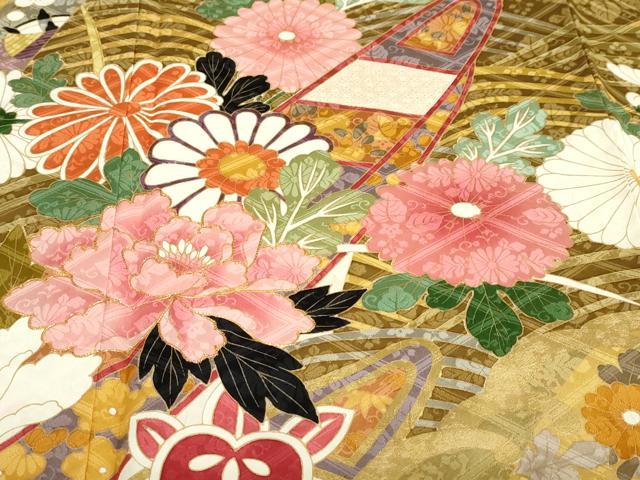 平和屋着物●豪華振袖　駒刺繍　立波扇面草花文　金彩　正絹　逸品　DABC2284ud
