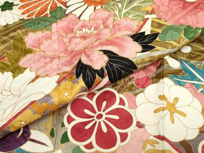 平和屋着物●豪華振袖　駒刺繍　立波扇面草花文　金彩　正絹　逸品　DABC2284ud