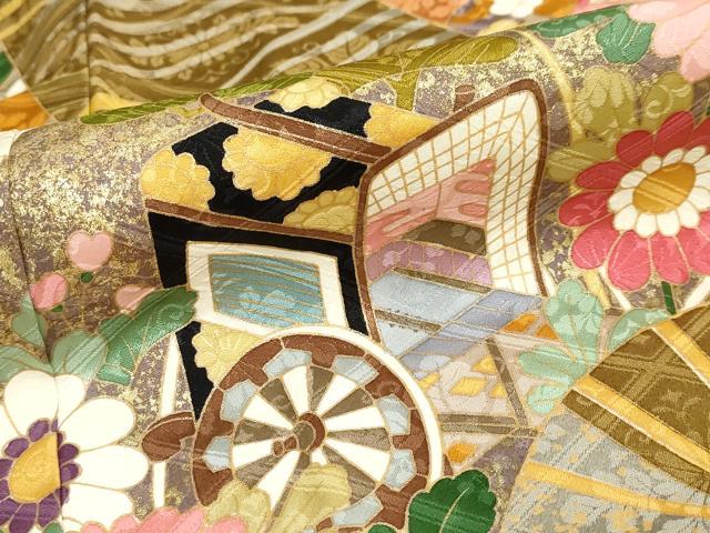 平和屋着物●豪華振袖　駒刺繍　立波扇面草花文　金彩　正絹　逸品　DABC2284ud