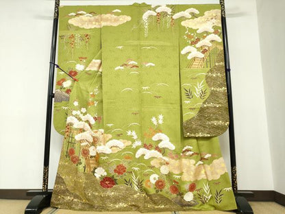 平和屋着物●豪華振袖　駒刺繍　流水渡橋草花文　金彩　正絹　逸品　DABC2285ud