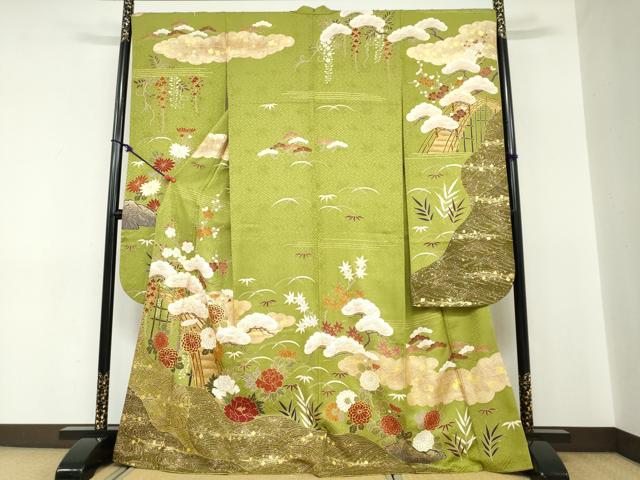 平和屋着物●豪華振袖　駒刺繍　流水渡橋草花文　金彩　正絹　逸品　DABC2285ud