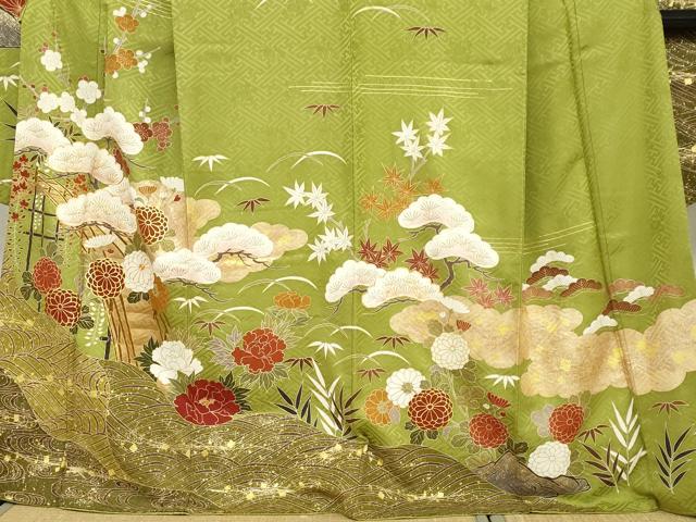平和屋着物●豪華振袖　駒刺繍　流水渡橋草花文　金彩　正絹　逸品　DABC2285ud