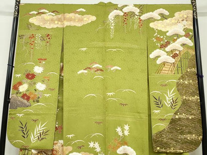平和屋着物●豪華振袖　駒刺繍　流水渡橋草花文　金彩　正絹　逸品　DABC2285ud