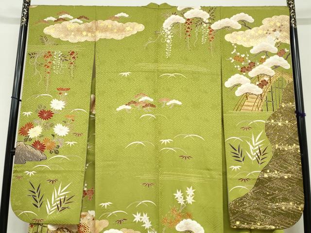 平和屋着物●豪華振袖　駒刺繍　流水渡橋草花文　金彩　正絹　逸品　DABC2285ud