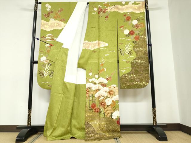 平和屋着物●豪華振袖　駒刺繍　流水渡橋草花文　金彩　正絹　逸品　DABC2285ud