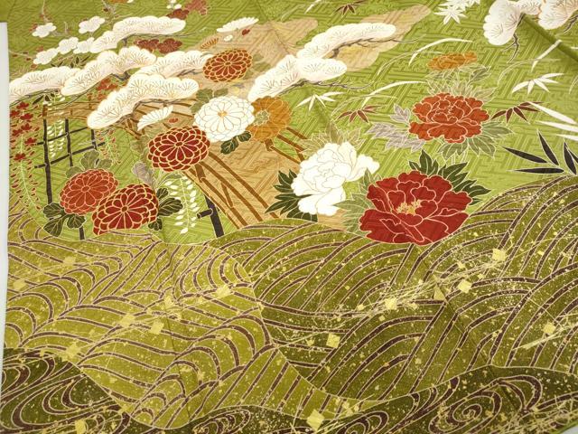 平和屋着物●豪華振袖　駒刺繍　流水渡橋草花文　金彩　正絹　逸品　DABC2285ud