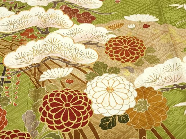 平和屋着物●豪華振袖　駒刺繍　流水渡橋草花文　金彩　正絹　逸品　DABC2285ud
