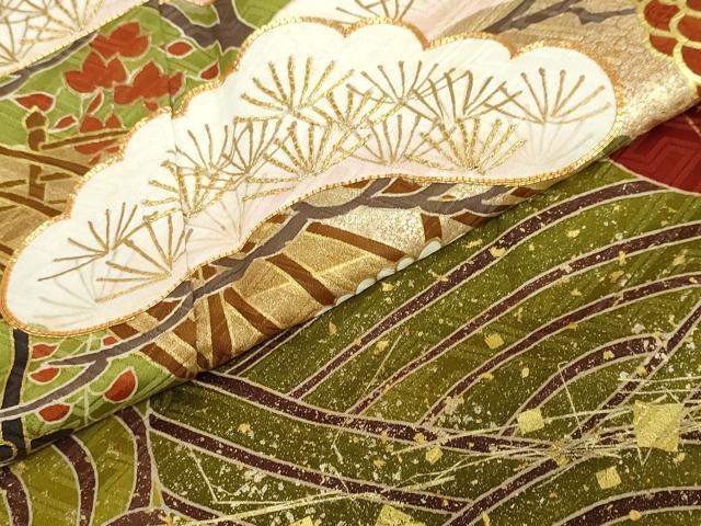 平和屋着物●豪華振袖　駒刺繍　流水渡橋草花文　金彩　正絹　逸品　DABC2285ud