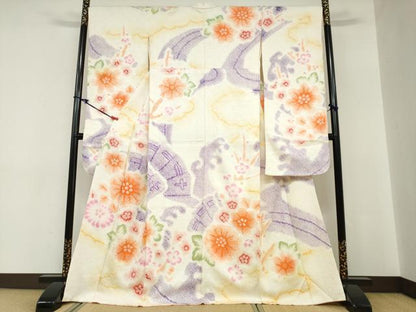 平和屋着物●名門　藤娘きぬたや・総絞り(杢目絞り)　振袖　扇面草花文　正絹　逸品　DABC2286ud