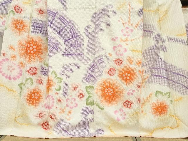 平和屋着物●名門　藤娘きぬたや・総絞り(杢目絞り)　振袖　扇面草花文　正絹　逸品　DABC2286ud