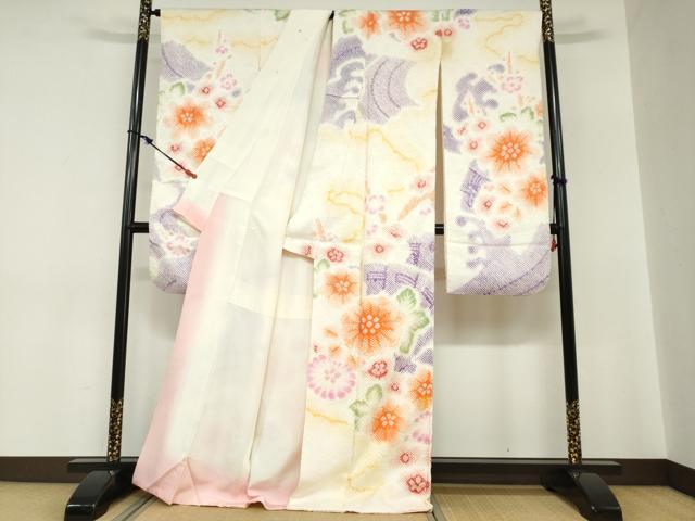 平和屋着物●名門　藤娘きぬたや・総絞り(杢目絞り)　振袖　扇面草花文　正絹　逸品　DABC2286ud