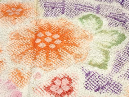 平和屋着物●名門　藤娘きぬたや・総絞り(杢目絞り)　振袖　扇面草花文　正絹　逸品　DABC2286ud
