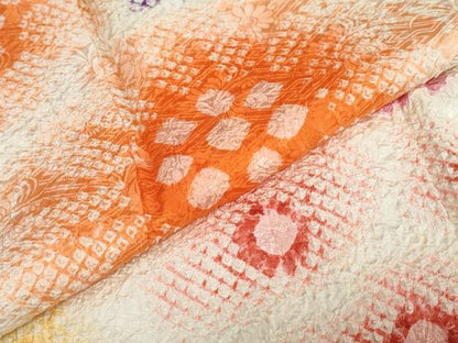 平和屋着物●名門　藤娘きぬたや・総絞り(杢目絞り)　振袖　扇面草花文　正絹　逸品　DABC2286ud