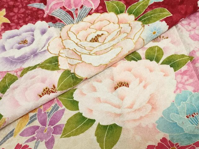 平和屋着物●豪華振袖　駒刺繍　草花文　暈し染め　金彩　銀通し地　正絹　逸品　DABC2287ud