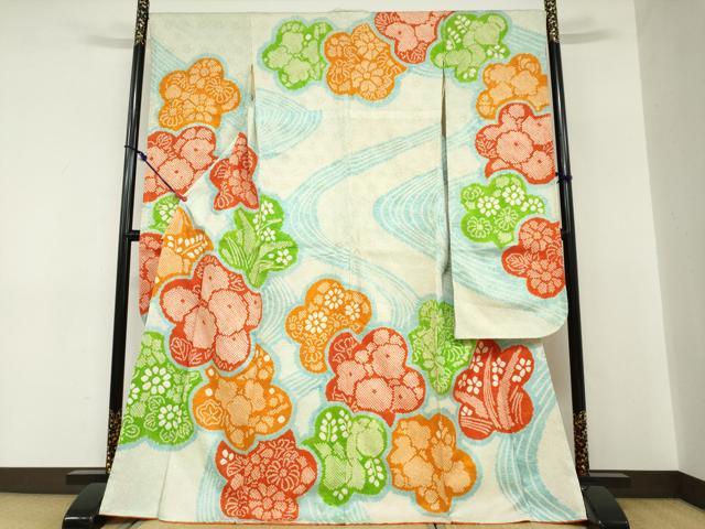 平和屋着物●豪華振袖　総絞り　流水草花文　正絹　逸品　DABC2288ud