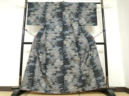 平和屋着物●本場大島紬　9マルキ　風景草花文　正絹　逸品　DABC2292ud