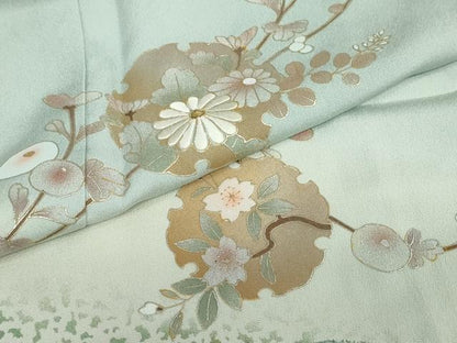 平和屋着物●中国三大刺繍　汕頭刺繍　スワトウ刺繍　訪問着　雪輪地紙草花文　金彩　正絹　逸品　未使用　DABC2298ud