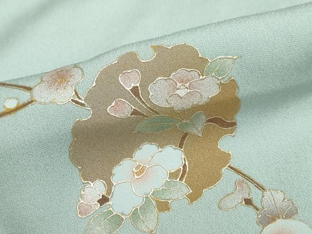 平和屋着物●中国三大刺繍　汕頭刺繍　スワトウ刺繍　訪問着　雪輪地紙草花文　金彩　正絹　逸品　未使用　DABC2298ud