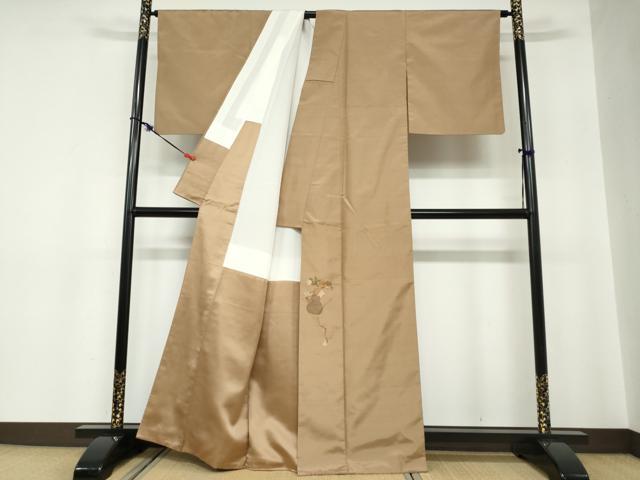 平和屋着物●西陣　宮階織物　宮繍苑　里葉　色留訪問着　紬地　陶器楓文　金糸　正絹　逸品　DABC2340ud