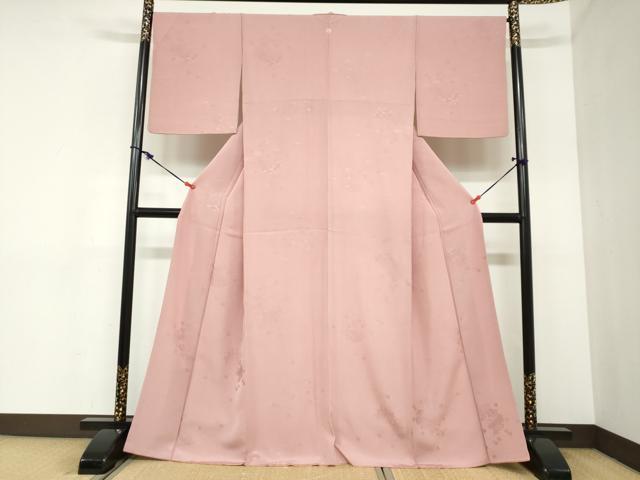 平和屋着物●上質な色無地　寿光織　草花丸地紋　宍色　反端付き　正絹　逸品　DABC2350ud