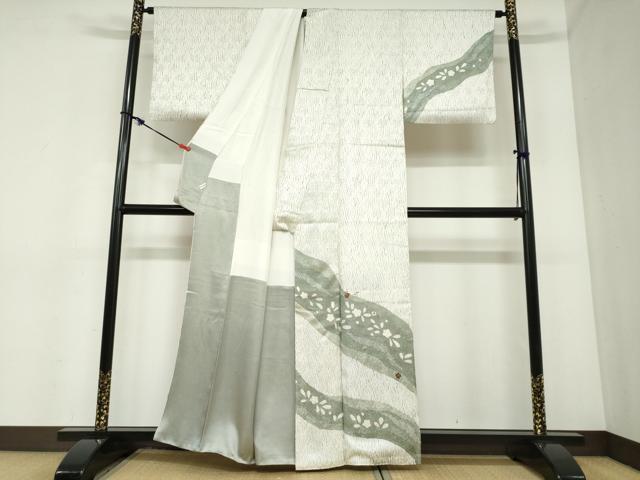 平和屋着物●訪問着　刺繍　杢目絞り　流水舞花文　金彩　健勝苑扱い　正絹　逸品　DABC2351ud