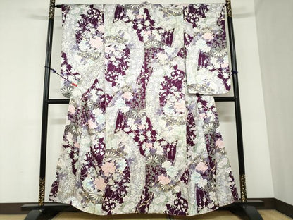 平和屋着物●小振袖　二尺袖　片輪車草花文　金彩　正絹　逸品　DABC2352ud