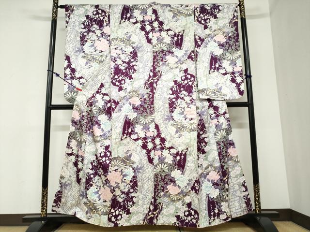 平和屋着物●小振袖　二尺袖　片輪車草花文　金彩　正絹　逸品　DABC2352ud