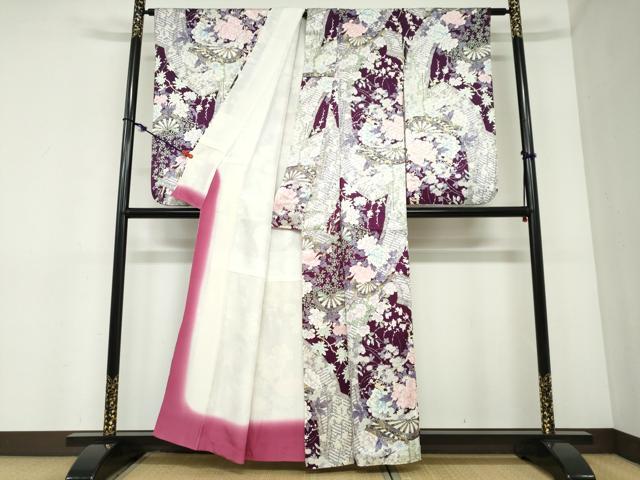 平和屋着物●小振袖　二尺袖　片輪車草花文　金彩　正絹　逸品　DABC2352ud