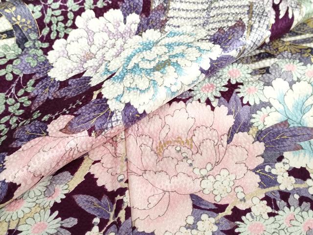 平和屋着物●小振袖　二尺袖　片輪車草花文　金彩　正絹　逸品　DABC2352ud
