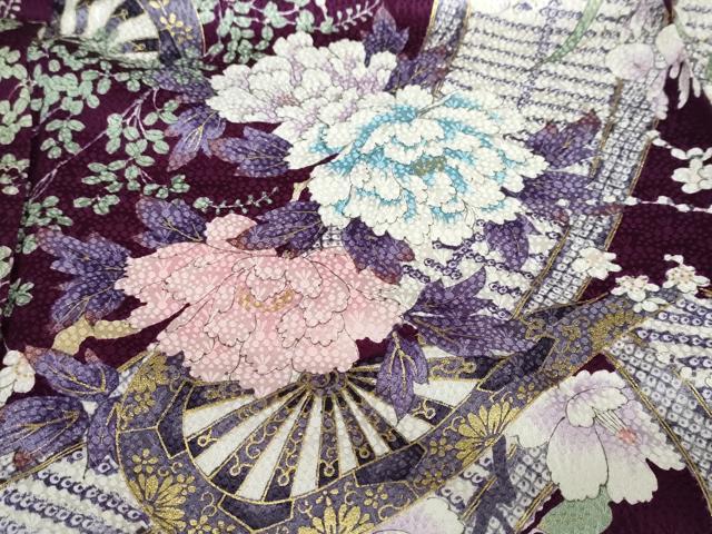 平和屋着物●小振袖　二尺袖　片輪車草花文　金彩　正絹　逸品　DABC2352ud