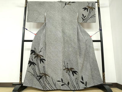 平和屋着物●訪問着　総絞り　笹竹文　黒地　金彩　正絹　逸品　DABC2354ud