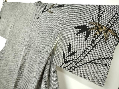 平和屋着物●訪問着　総絞り　笹竹文　黒地　金彩　正絹　逸品　DABC2354ud