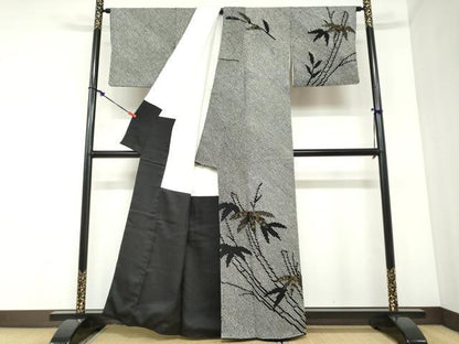 平和屋着物●訪問着　総絞り　笹竹文　黒地　金彩　正絹　逸品　DABC2354ud