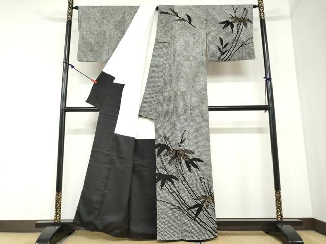 平和屋着物●訪問着　総絞り　笹竹文　黒地　金彩　正絹　逸品　DABC2354ud