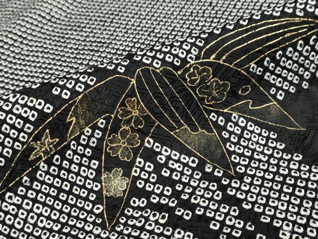 平和屋着物●訪問着　総絞り　笹竹文　黒地　金彩　正絹　逸品　DABC2354ud
