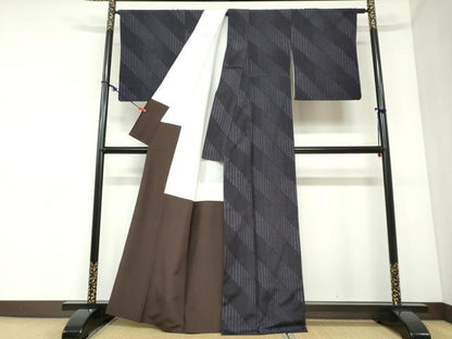 平和屋着物●結城紬　100亀甲　斜縞　正絹　逸品　DABC2356ud