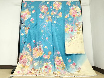 平和屋着物●豪華振袖　作家物　刺繍　草花文　暈し染め　金彩　金通し地　仮絵羽　逸品　未使用　DABC2360ud