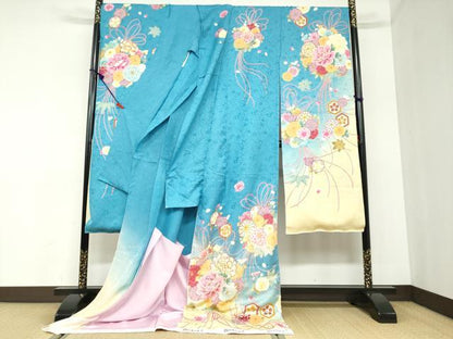 平和屋着物●豪華振袖　作家物　刺繍　草花文　暈し染め　金彩　金通し地　仮絵羽　逸品　未使用　DABC2360ud