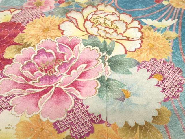 平和屋着物●豪華振袖　作家物　刺繍　草花文　暈し染め　金彩　金通し地　仮絵羽　逸品　未使用　DABC2360ud