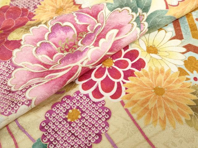 平和屋着物●豪華振袖　作家物　刺繍　草花文　暈し染め　金彩　金通し地　仮絵羽　逸品　未使用　DABC2360ud