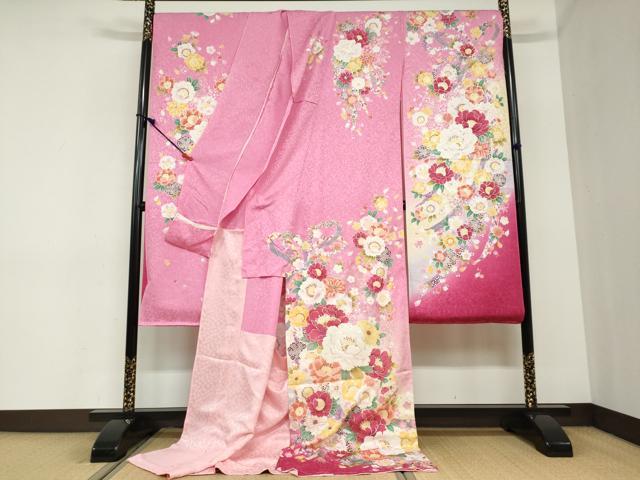 平和屋着物●豪華振袖　草花文　暈し染め　金銀彩　銀通し地　仮絵羽　逸品　未使用　DABC2361ud