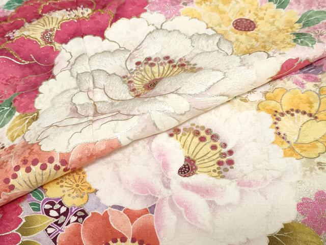 平和屋着物●豪華振袖　草花文　暈し染め　金銀彩　銀通し地　仮絵羽　逸品　未使用　DABC2361ud
