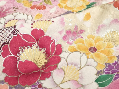 平和屋着物●豪華振袖　草花文　暈し染め　金銀彩　銀通し地　仮絵羽　逸品　未使用　DABC2361ud