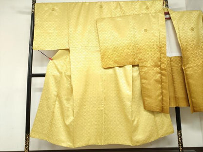 平和屋着物●男性　色紋付　長羽織セット　宝尽くし格子地紋　芥子色　キングサイズ　洗える着物　DABC2367ud