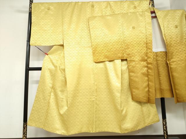 平和屋着物●男性　色紋付　長羽織セット　宝尽くし格子地紋　芥子色　キングサイズ　洗える着物　DABC2367ud