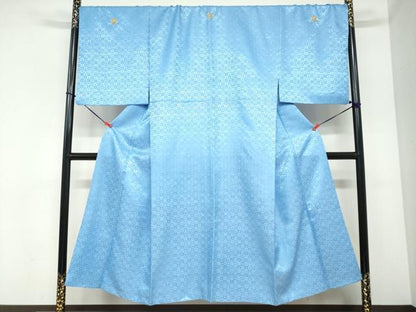 平和屋着物●男性　色紋付　長羽織セット　宝尽くし格子地紋　天色　キングサイズ　洗える着物　DABC2370ud